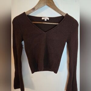 Madewell 100% Merino Wool Ribbed Cropped Sweater Brown Bell Sleeve V Neck Size S